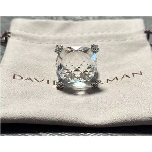 David Yurman Silver 925 Cushion On Point 20mm White Topaz & Diamond Ring Sz 8